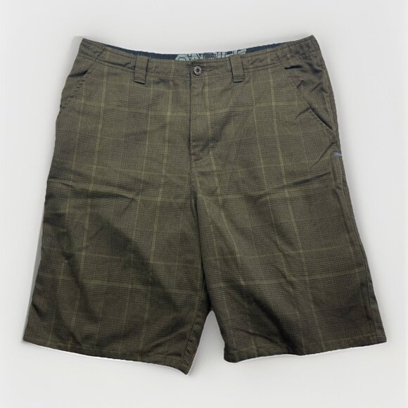 Y2K O'Neill Shorts Men Size 26 Green Plaid Regular Fit Beach Surf Skate Grunge - Picture 1 of 12